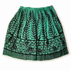 Rachel 100% Silk Vibrant Green A-Line Skirt with Black Embroidery, Size 2